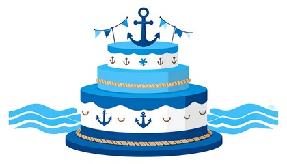 A layered blue and white cake adorned with anchors, bunting, and nautical themes. It has wavy accents © Velo