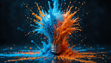 Light Bulb Splashing Blue and Orange Paint in Explosion image photo