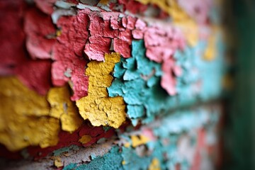 Fototapeta premium A wall reveals layers of old paint in red, yellow, and blue colors with texture showing from years of weathering and neglect