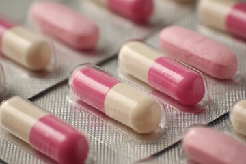 Different pills are laid out in a neat pattern on a metallic surface in a medical environment for study and identification
