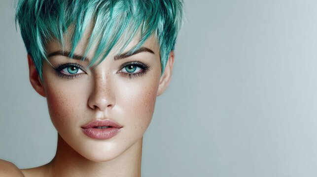 High-fashion portrait of a woman with an edgy teal pixie hairstyle, flawless makeup, uncluttered background