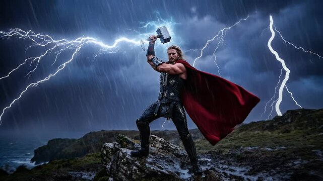 Powerful Nordic Warrior Summoning Thunder and Lightning with Magic Hammer Night