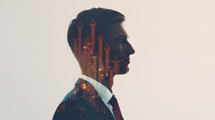A profile silhouette of a man dressed in a suit, overlaid with upward arrows and colorful digital elements, symbolizing growth and success in business.