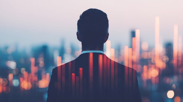 A silhouette of a business professional gazing at a city skyline, overlaid with vibrant data graphs, symbolizing growth and analysis. - Powered by Adobe