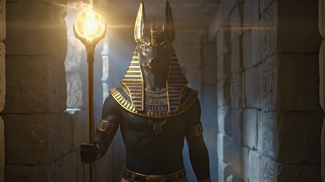Ancient Egyptian God Anubis holding glowing staff in mystical temple ruins