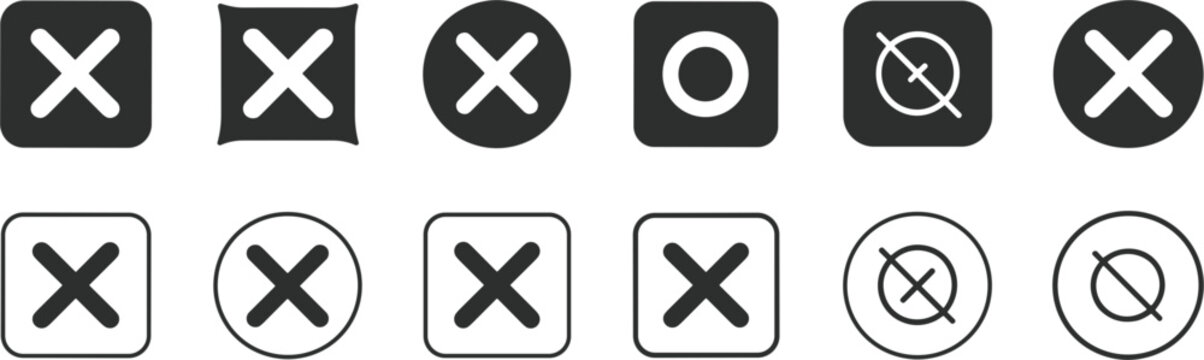 Set of Cross and Circle Icons for Rejection or Cancellation vector illustration