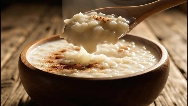 Wooden spoon scoops creamy rice pudding sprinkled with cinnamon