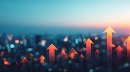 A dynamic image featuring upward arrows against a blurred cityscape, symbolizing growth, progress, and success.