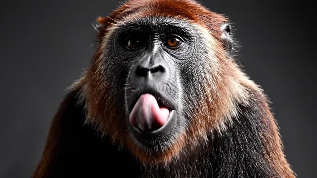 Charming and comical studio shot of an isolated brown monkey looking directly into the camera lens and slowly extending its tongue mammal, funny, mascot