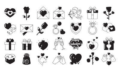 Valentine's Day Love Symbols Collection with Cupid, Hearts, and Roses