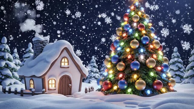 Charming stylized animation of a simple tiny white cottage resting beside an oversized, brightly decorated conical evergreen Christmas tree under a starry winter sky oversized, illustration, Christmas