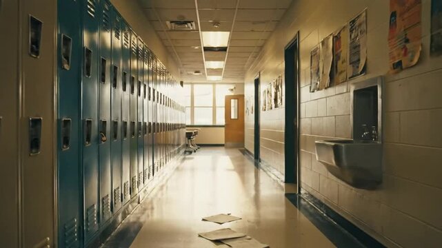 Empty School Hallway with Lockers and Sunlight Streaming Through a Window, Evoking a Sense of Loneliness and Abandonment