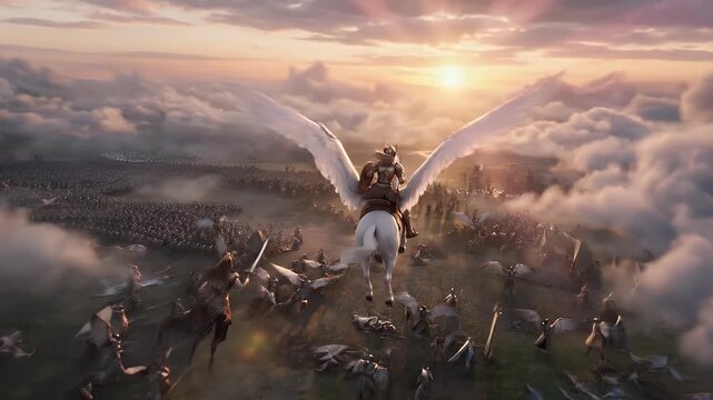 Epic Angelic Knight on Winged Horse Descends Upon Heavenly Battlefield Sunrise