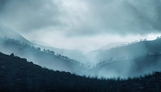 Misty Mountains Landscape: Moody Atmospheric Scenery - Powered by Adobe