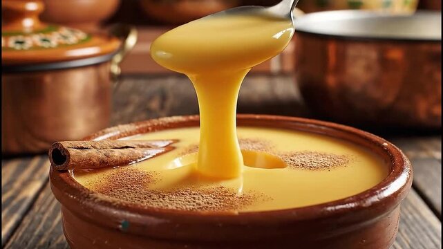 Close up slow motion of spoon lifting creamy portuguese doce de ovos from bowl with cinnamon stick