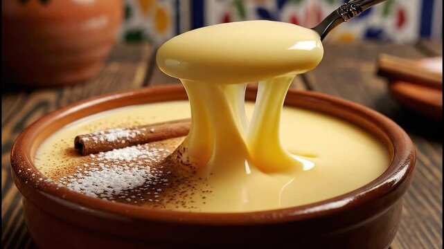 Thick creamy custard is scooped from rustic ceramic bowl showing rich smooth texture