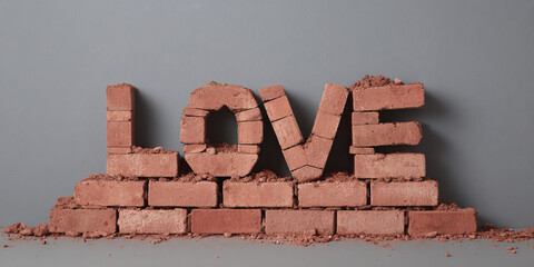 Love brick wall word symbol red valentine romance concept background Red brick love word sculpture wall with crumbled texture romantic valentine concept neutral gray background with copy space