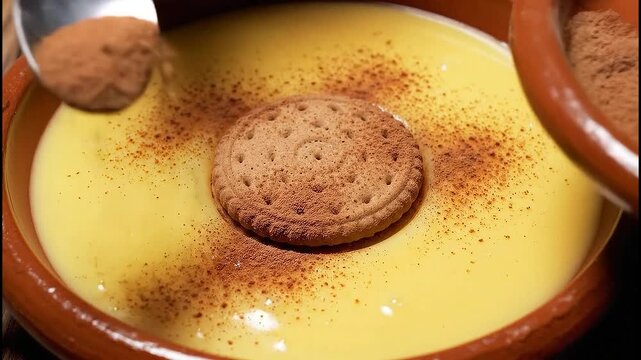 Delicious spanish custard natillas dessert with biscuit being sprinkled with ground cinnamon powder close up dynamic clip