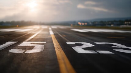 Runway threshold numbers and bold white markings shot in close-up, symbolizing navigation, precision, and standardized global aviation systems. cinematic color correction, natural uneven lighting