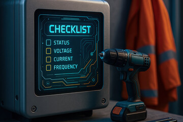 Futuristic checklist panel drill tool workshop safety concept electric technology blue orange digital equipment power