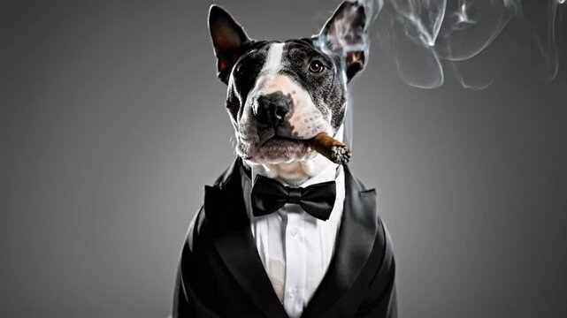 Sophisticated dog dressed in a tuxedo and smoking a cigar, exhaling smoke against a gray background