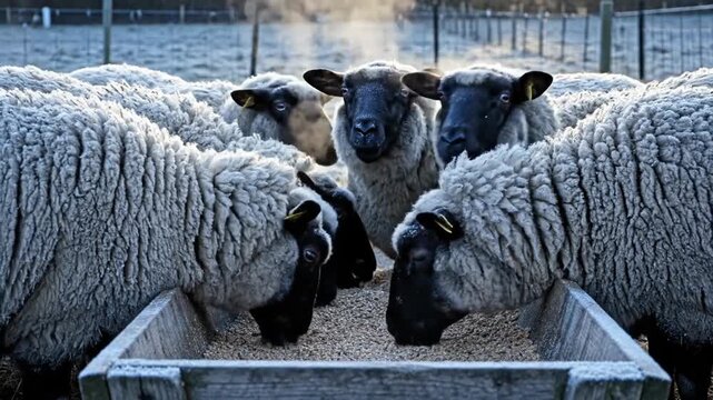 Farm Sheep Eating Feed from Trough on Cold Winter Morning