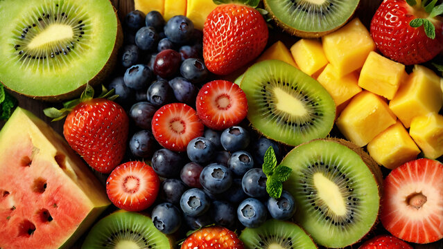 Vibrant Fresh Fruit Platter with Sliced Mango, Kiwi, Strawberries, and Blueberries on Wooden Board Top View