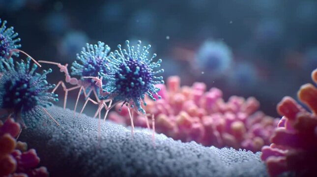 3D animation of bacteriophage virus attaching to a bacterial cell, injecting genetic material, scientific microbiology visualization, clean background&rdquo;