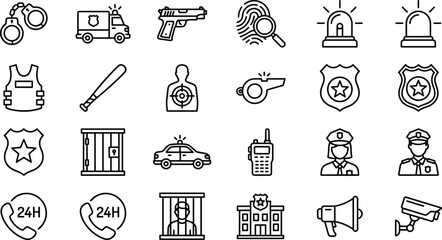 Collection of Twenty Four Linear Police and Law Enforcement Icons Including Handcuffs Patrol Car Officer Prison and Security Camera Symbols © Saminur