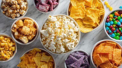 Fototapeta premium Colorful Variety of Snack Bowls on Marble Surface Featuring Popcorn, Chips, and Candy Perfect for Parties and Gatherings with Family and Friends