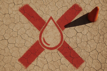 Climate change crisis drought symbol dry cracked earth water drop icon red cross heat warning arid soil awareness concept dramatic light shadow