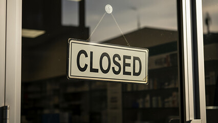 Obraz premium closed sign hanging on glass door of a business in urban setting
