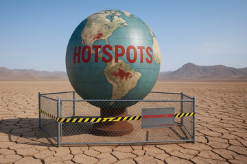 Climate change crisis drought globe hotspot warning desert landscape dry cracked earth global heat risk environmental concept alert symbol fence barrier sign