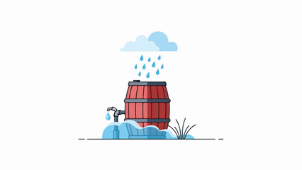 Rainwater harvesting system illustration with barrel catching drops from cloud. Rainwater harvesting concept shows spigot, overflowing water, and grass, emphasizing conservation.