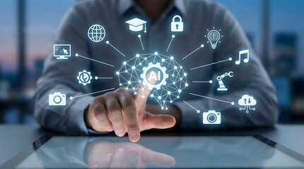 Man touching brain gear icon connected to creative media,generative ai artificial intelligence,machine learning neural network,future digital innovation,smart tech solution idea.