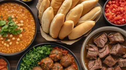 Assorted dishes with bread and vegetables