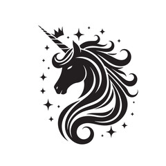 Fototapeta premium Unicorn silhouette logo with stars and magical design