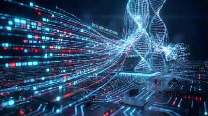 A futuristic visualization of glowing blue DNA helix strands on a circuit board,representing the fusion of biology and technology,concept of medical research evolution,genetic innovation