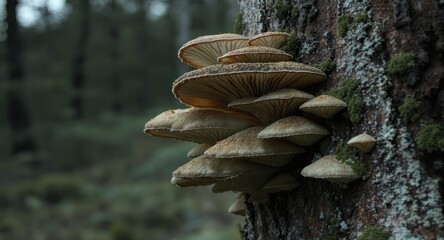 Close-up of layered shelf fungi growing on a textured tree trunk in a shaded forest