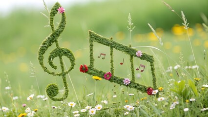 Music Notes Made of Grass and Flowers on Green Background Banner