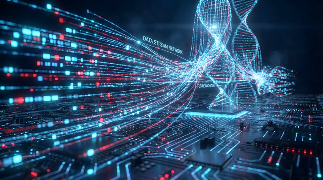 A futuristic visualization of glowing blue DNA helix strands on a circuit board,representing the fusion of biology and technology,concept of medical research evolution,genetic innovation - Powered by Adobe