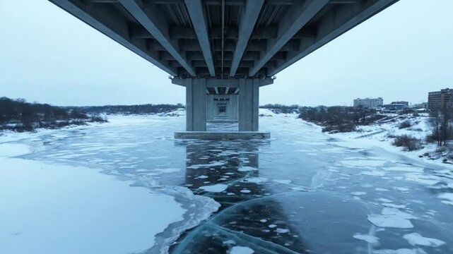 Drone perspective of an imposing concrete bridge spanning a frozen river during a cold winter day, showcasing the architecture