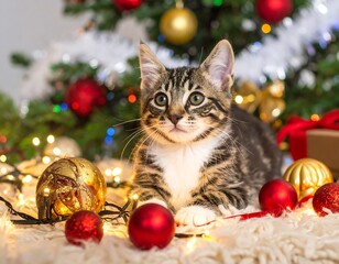 Obraz premium Adorable Kitten Surrounded by Christmas Decorations.