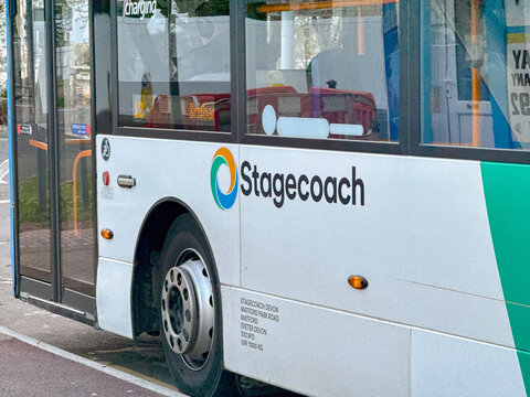 Torquay, Devon, England, UK - 23 April 2025: Close up view of the side of a public service bus operated by Stagecoach.