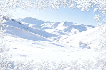 Winter landscape of snow covered hills under a light blue sky and border snowflakes making a frame