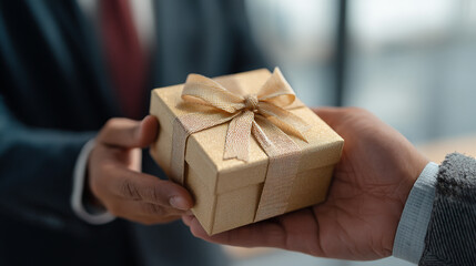 A person in a suit is handing a beautifully wrapped gift to someone with a blurred background