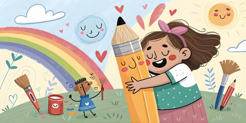 Obraz premium Child hugging smiling pencil, colorful rainbow art scene, creative education illustration, childhood imagination drawing, back to school concept, playful kids learning artwork