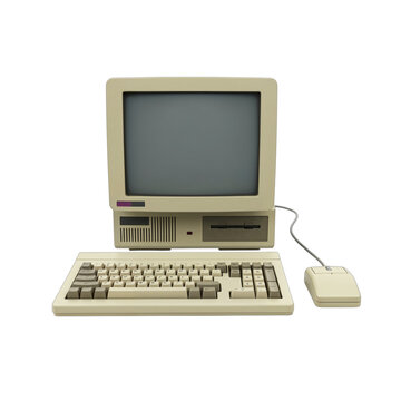 Vintage beige computer monitor keyboard and mouse isolated on transparent background