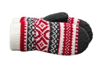 Pristine, thick-knitted wool winter gloves with a geometric fair isle pattern (red, white, gray), isolated on a transparent background in flat high-key studio lighting, concept for luxurious textile
