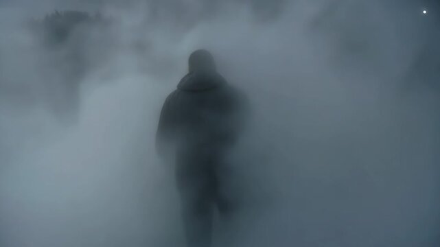 Male adult walking into dense fog and disappearing from view. Mysterious cinematic sequence of a man fading away into the unknown darkness and atmospheric mist